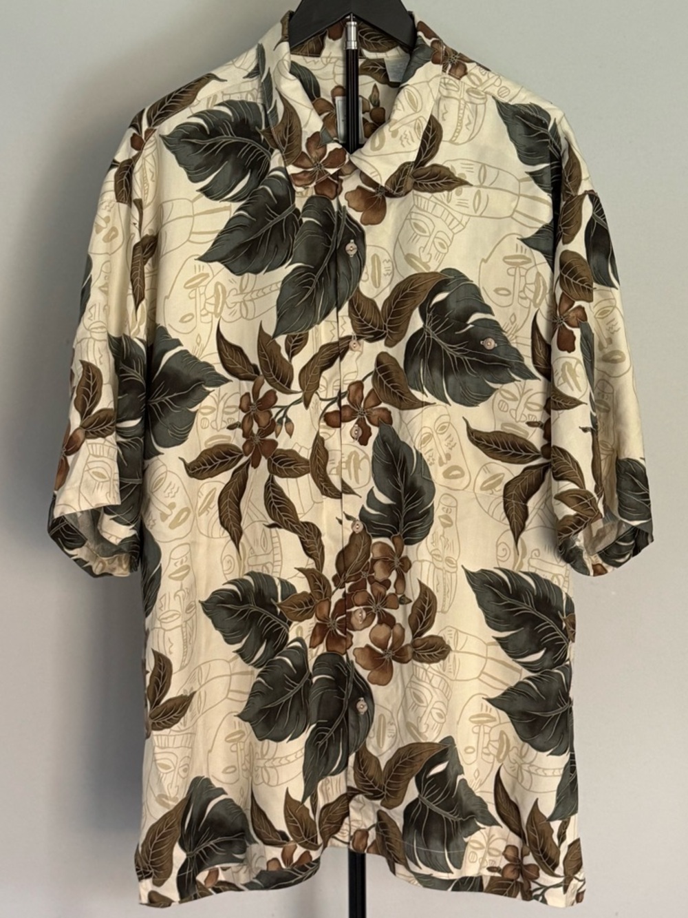 Men's 100% Silk Hawaiian Shirt XL Cream Brown Green Tiki Floral Resort Summer